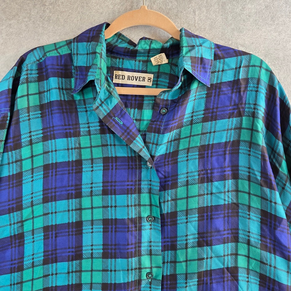 Red Rover Silk Button Down Shirt Womens Large Teal Blue Plaid Vintage Oversized